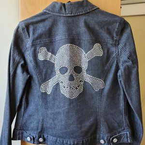 INC Petite Jean Jacket with Rhinestone Skull and Cross Bone Back